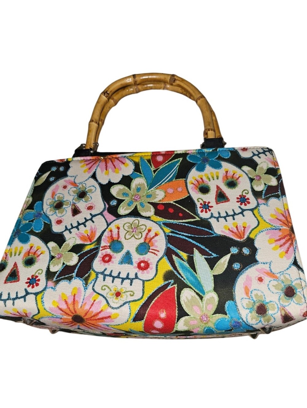 💰Bamboo Handle Day of the Dead Floral Skull Top-Handle Bag - Multicolor